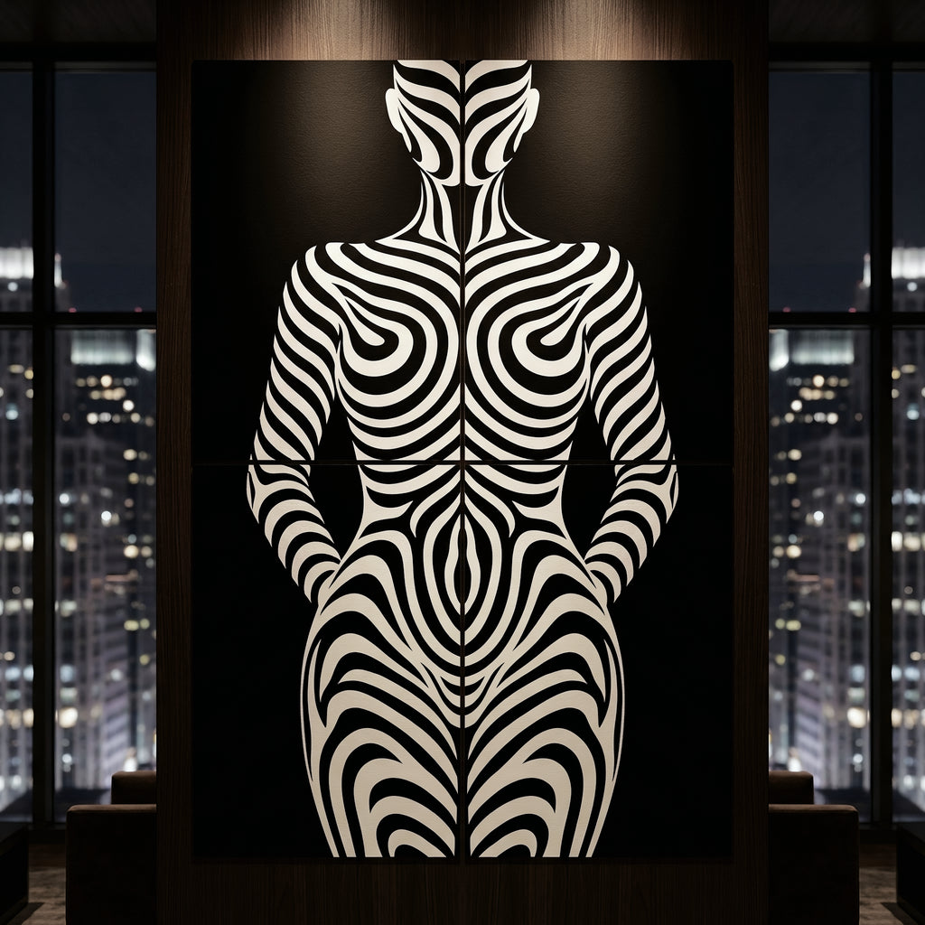 HYPNOS | Minimalist Zebra-Striped Female Figure Wall Art | Multi-Print Luxury Op Art