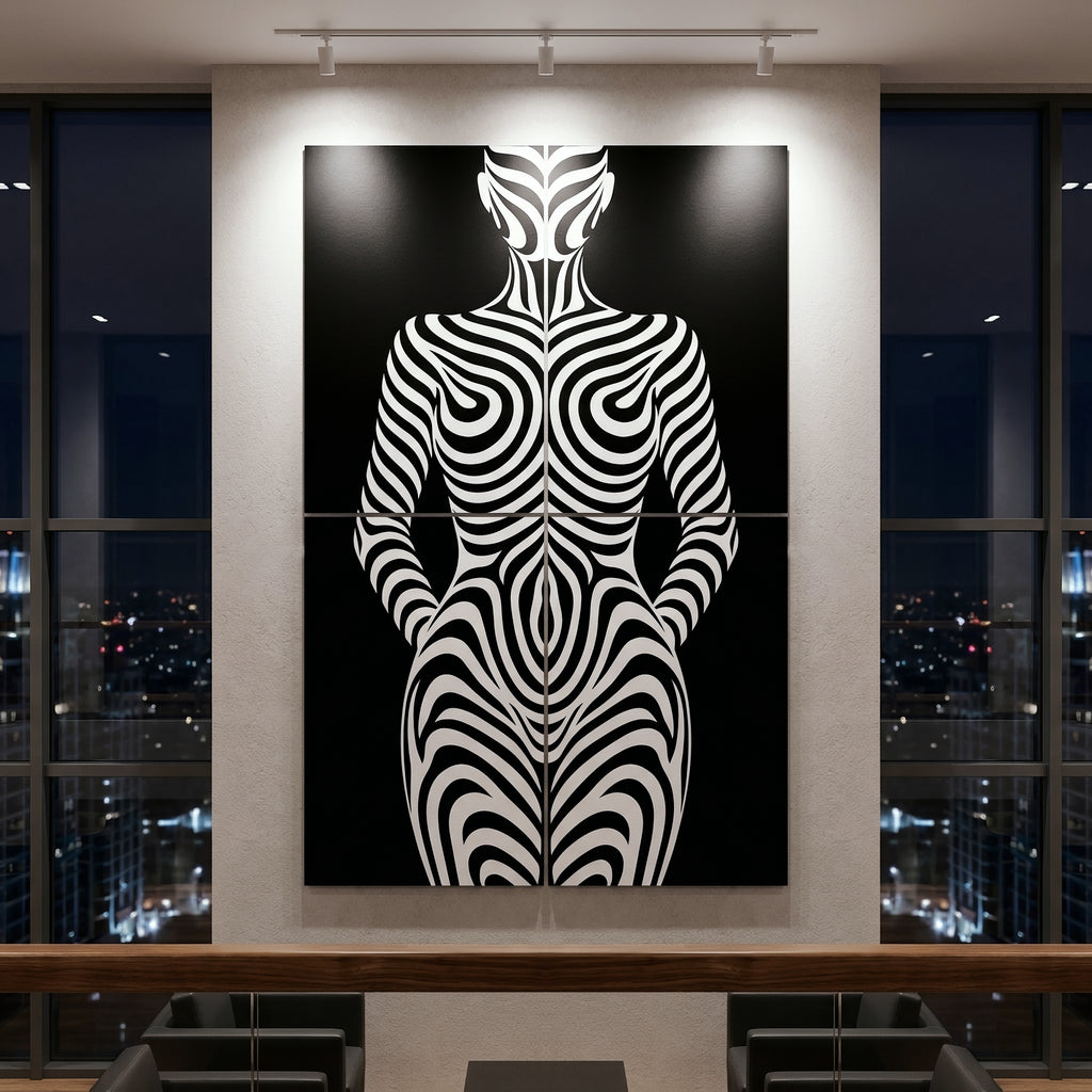 HYPNOS | Minimalist Zebra-Striped Female Figure Wall Art | Multi-Print Luxury Op Art