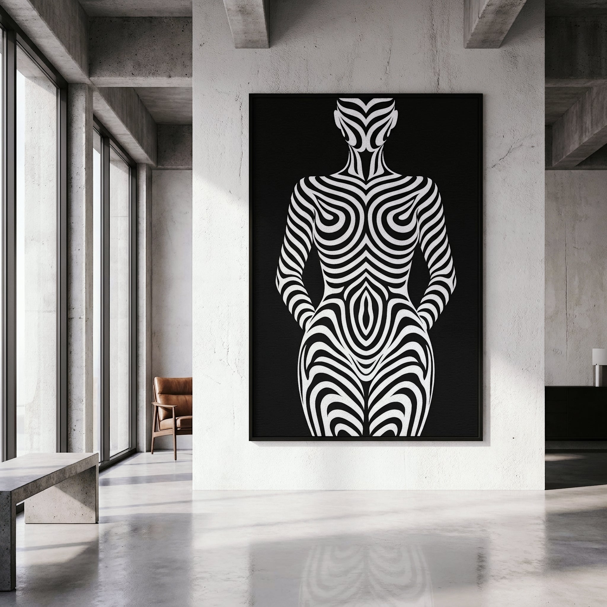 HYPNOS | Minimalist Zebra-Striped Female Figure Wall Art Print | Modern Luxury Op Art