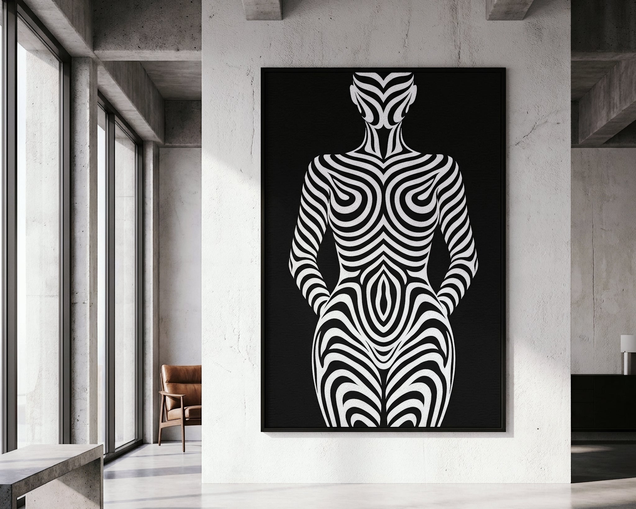 HYPNOS | Minimalist Zebra-Striped Female Figure Wall Art Print | Modern Luxury Op Art
