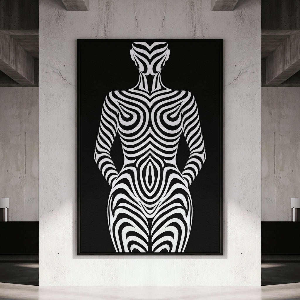 HYPNOS | Minimalist Zebra-Striped Female Figure Wall Art Print | Modern Luxury Op Art