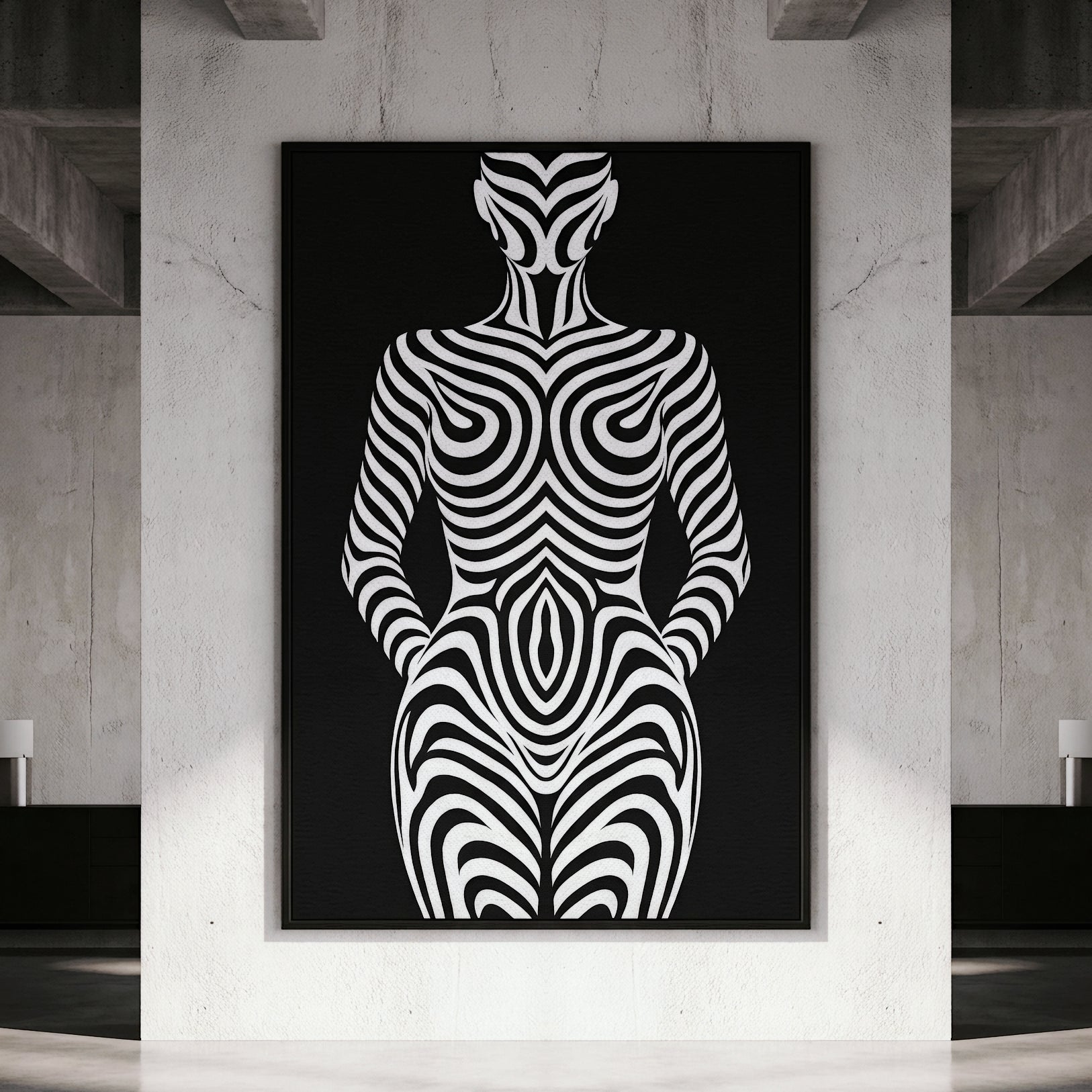 HYPNOS | Minimalist Zebra-Striped Female Figure Wall Art Print | Modern Luxury Op Art