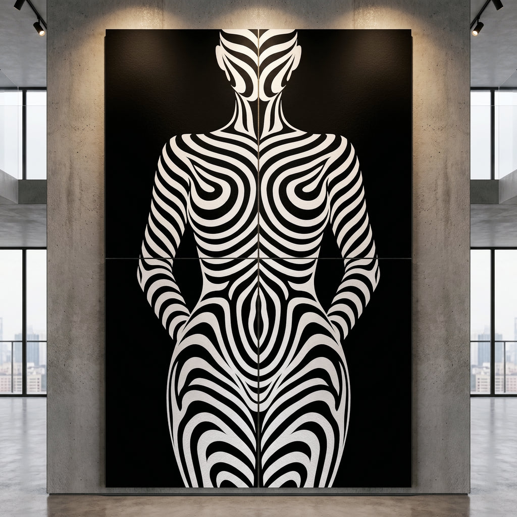 HYPNOS | Minimalist Zebra-Striped Female Figure Wall Art | Multi-Print Luxury Op Art