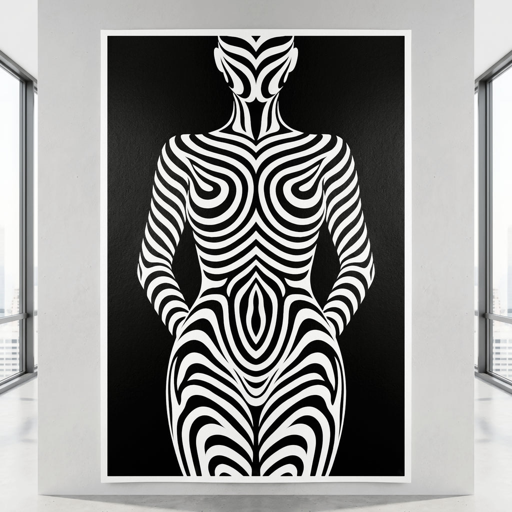 HYPNOS | Minimalist Zebra-Striped Female Figure Wall Art Print | Modern Luxury Op Art