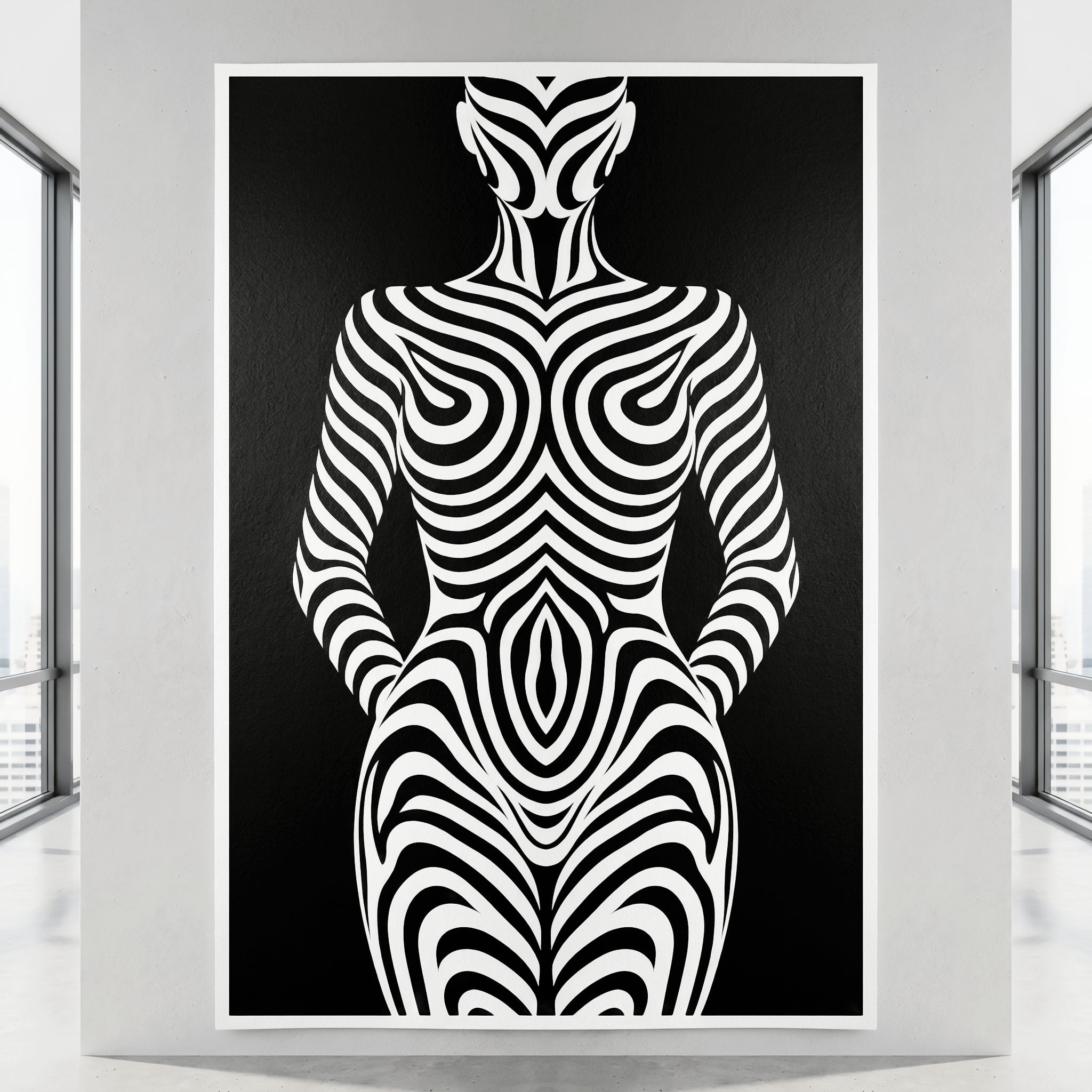 HYPNOS | Minimalist Zebra-Striped Female Figure Wall Art Print | Modern Luxury Op Art