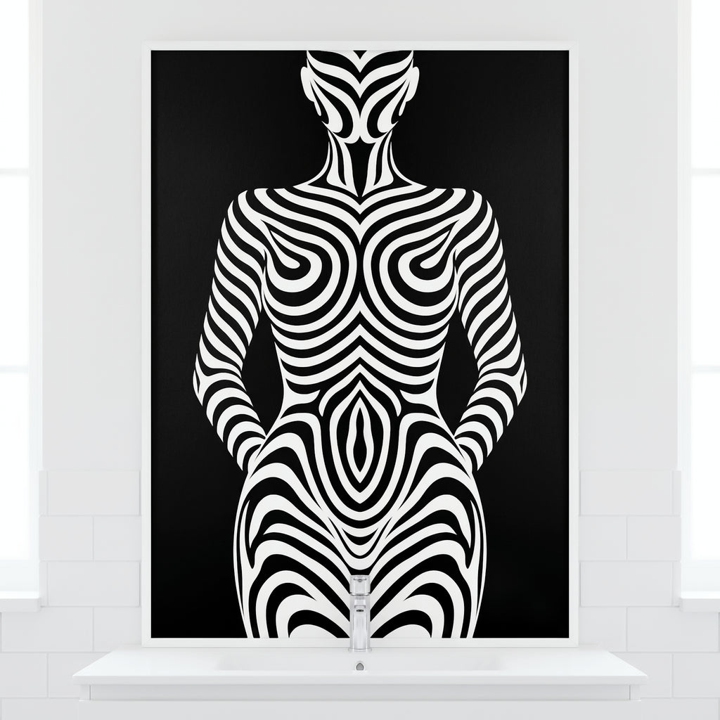 HYPNOS | Minimalist Zebra-Striped Female Figure Wall Art Print | Modern Luxury Op Art