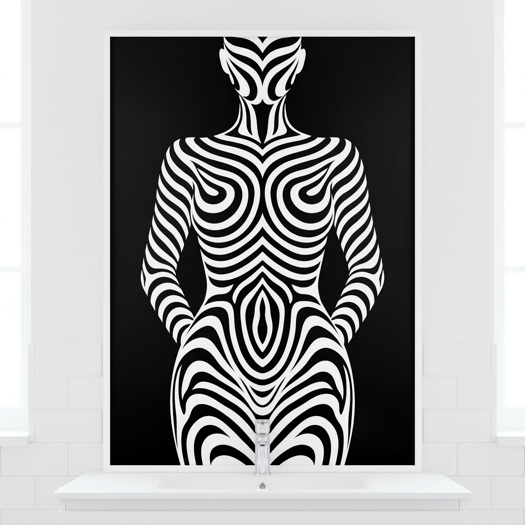 HYPNOS | Minimalist Zebra-Striped Female Figure Wall Art Print | Modern Luxury Op Art