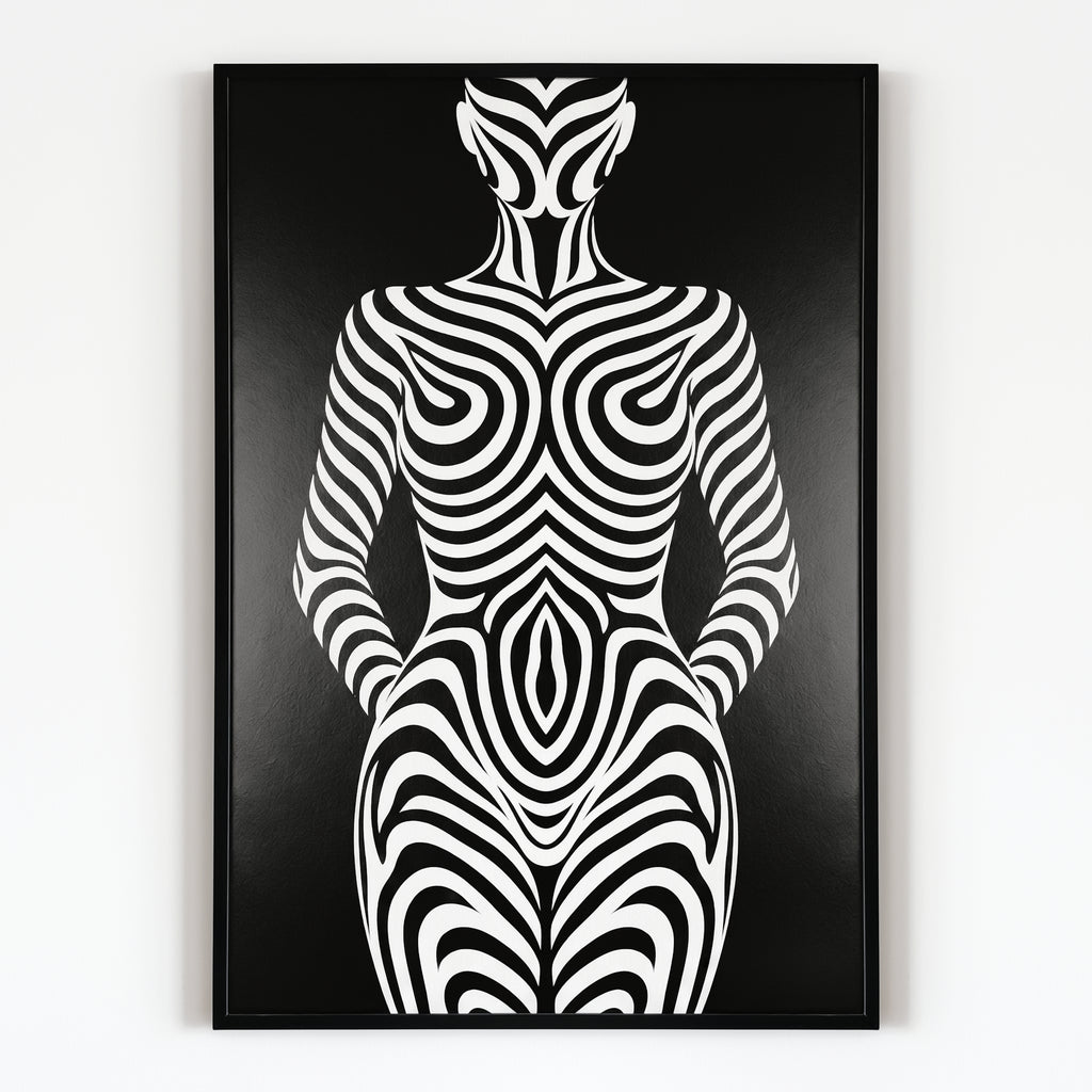 HYPNOS | Minimalist Zebra-Striped Female Figure Wall Art Print | Modern Luxury Op Art