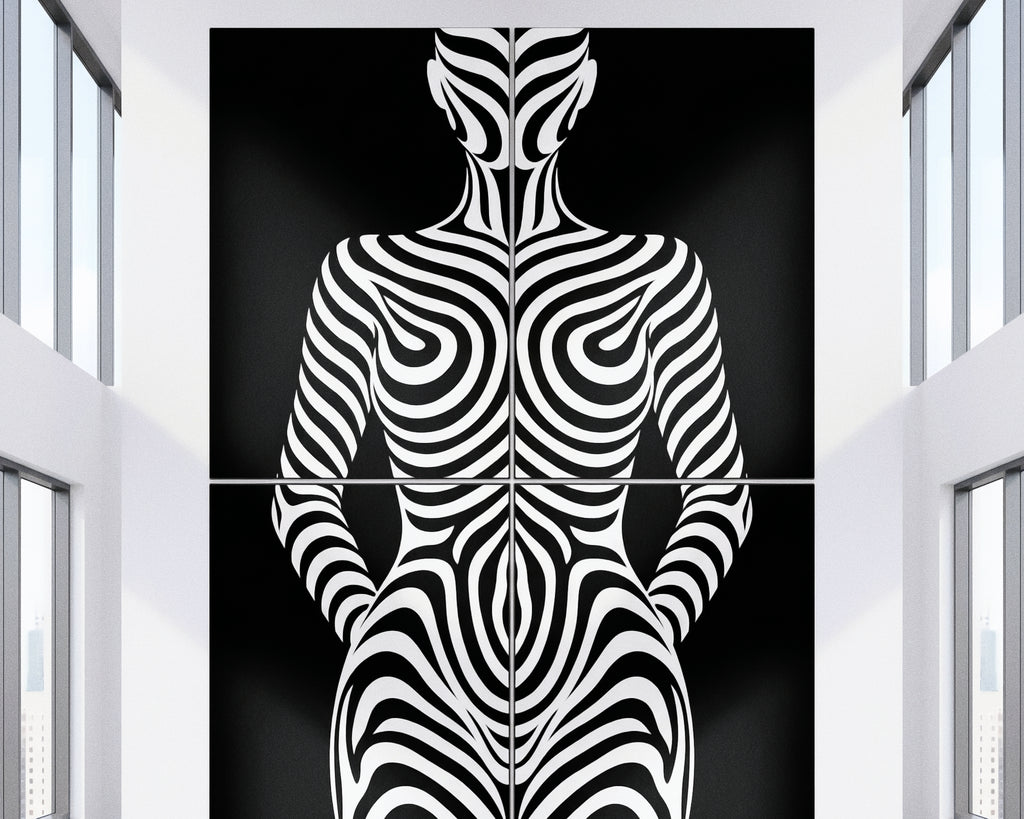 HYPNOS | Minimalist Zebra-Striped Female Figure Wall Art | Multi-Print Luxury Op Art