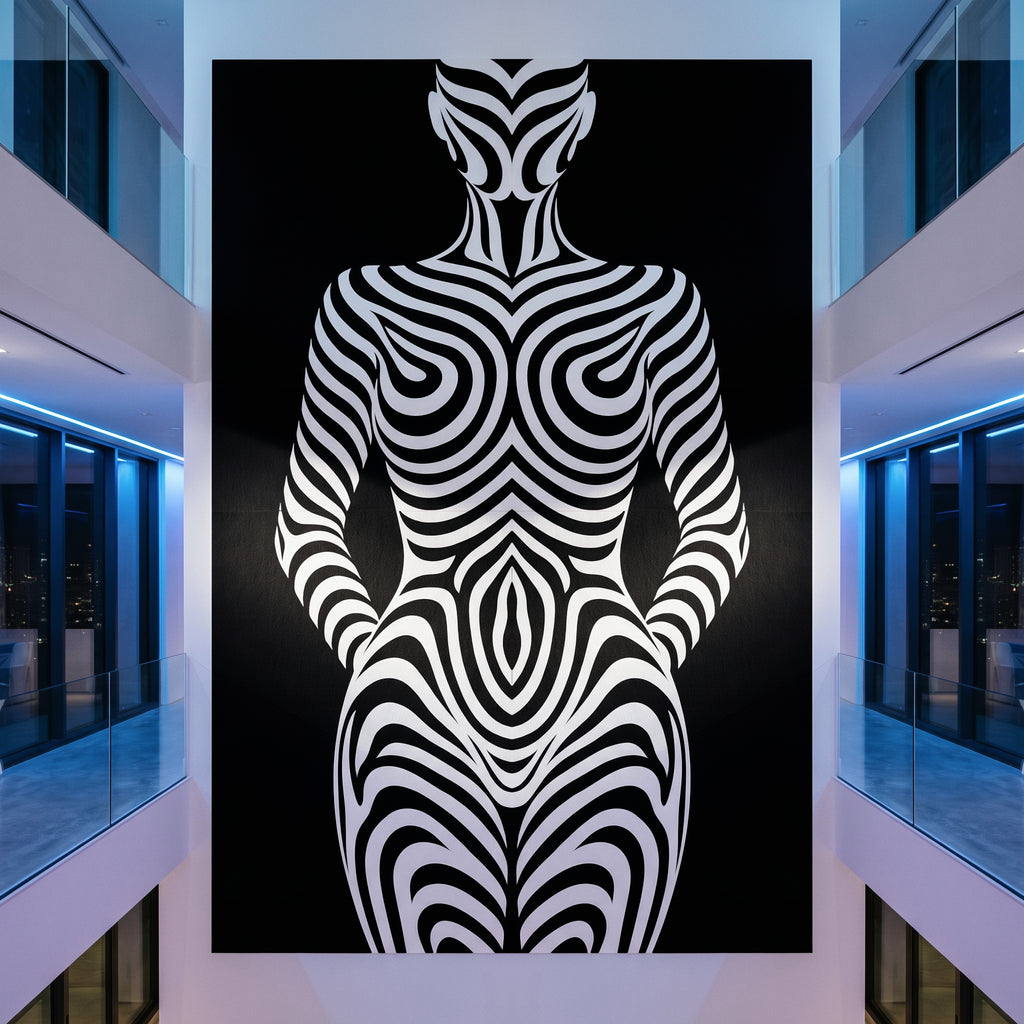 HYPNOS | Minimalist Zebra-Striped Female Figure Wall Art | Multi-Print Luxury Op Art