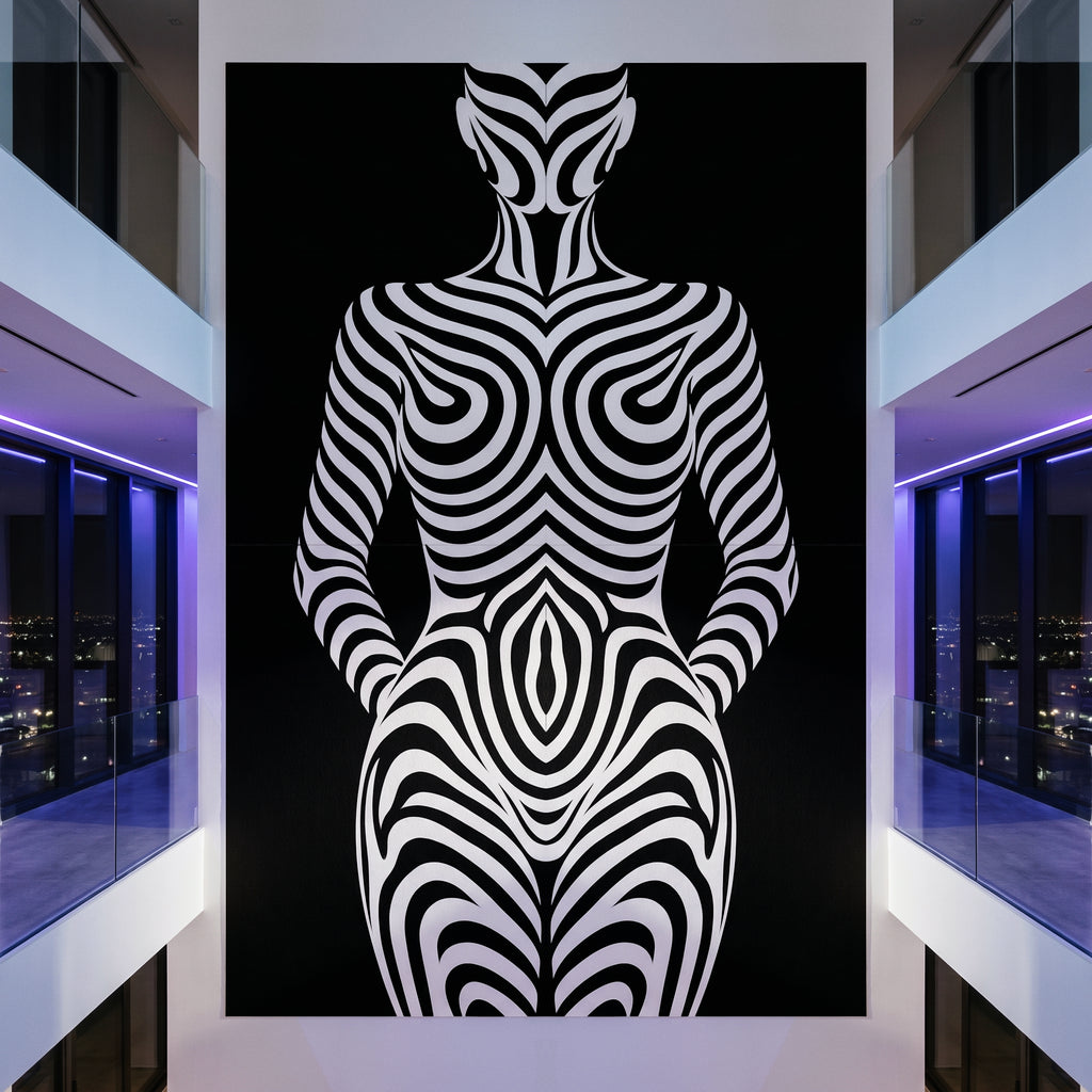 HYPNOS | Minimalist Zebra-Striped Female Figure Wall Art | Multi-Print Luxury Op Art