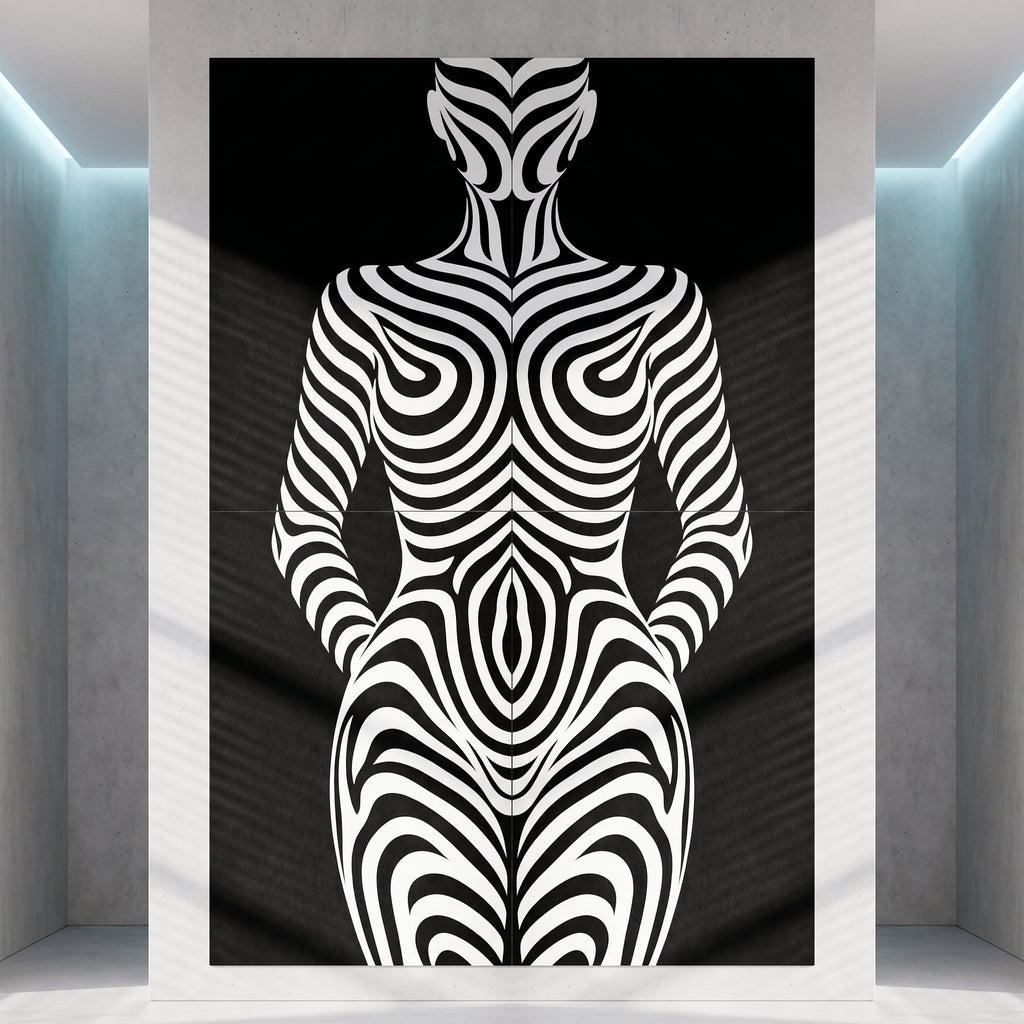 HYPNOS | Minimalist Zebra-Striped Female Figure Wall Art | Multi-Print Luxury Op Art