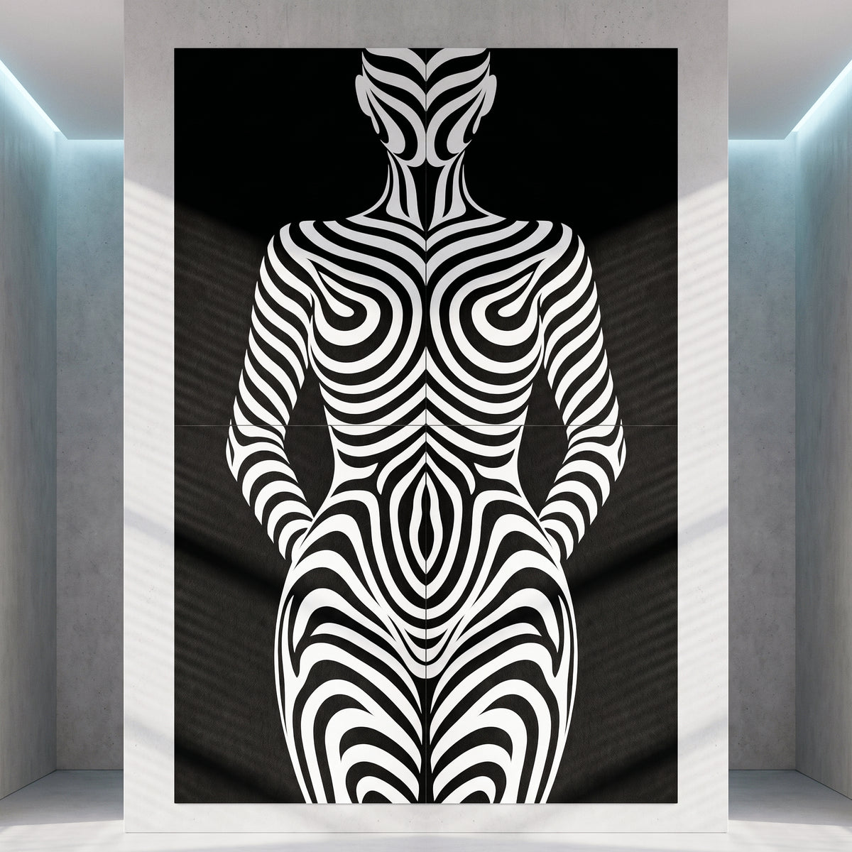 HYPNOS | Minimalist Zebra-Striped Female Figure Wall Art | Multi-Print Luxury Op Art