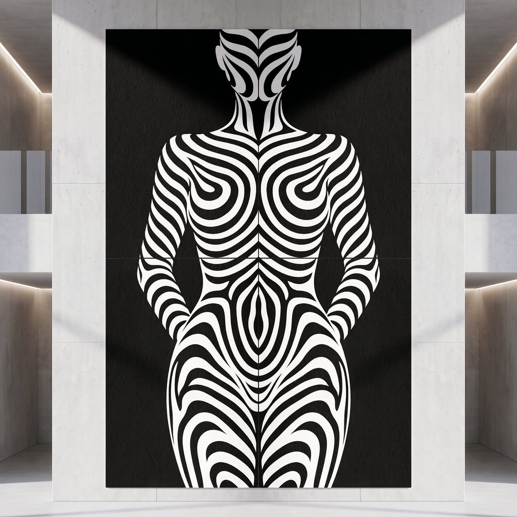 HYPNOS | Minimalist Zebra-Striped Female Figure Wall Art | Multi-Print Luxury Op Art