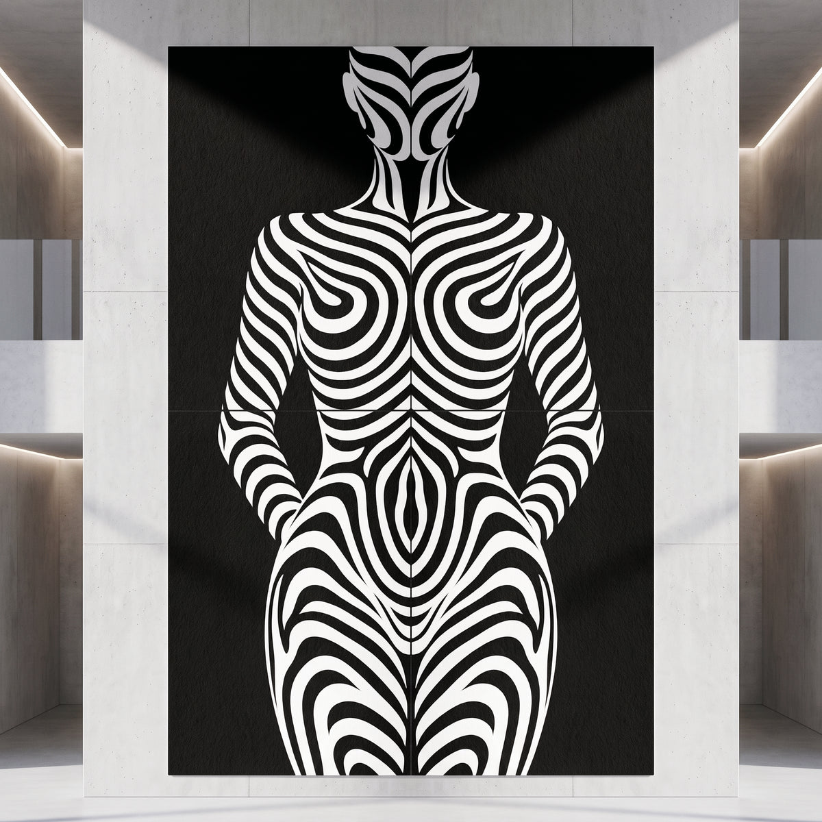 HYPNOS | Minimalist Zebra-Striped Female Figure Wall Art | Multi-Print Luxury Op Art