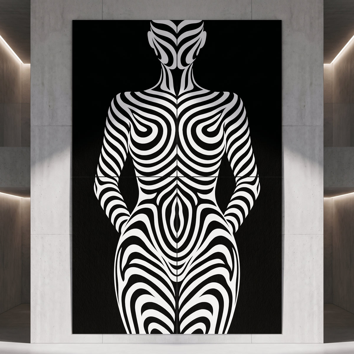 HYPNOS | Minimalist Zebra-Striped Female Figure Wall Art | Multi-Print Luxury Op Art