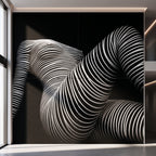 A massive 80x80 inch black and white abstract multi-print fine art piece featuring a curved, striped female form, displayed against a gallery-like wall with colored ambient lighting.