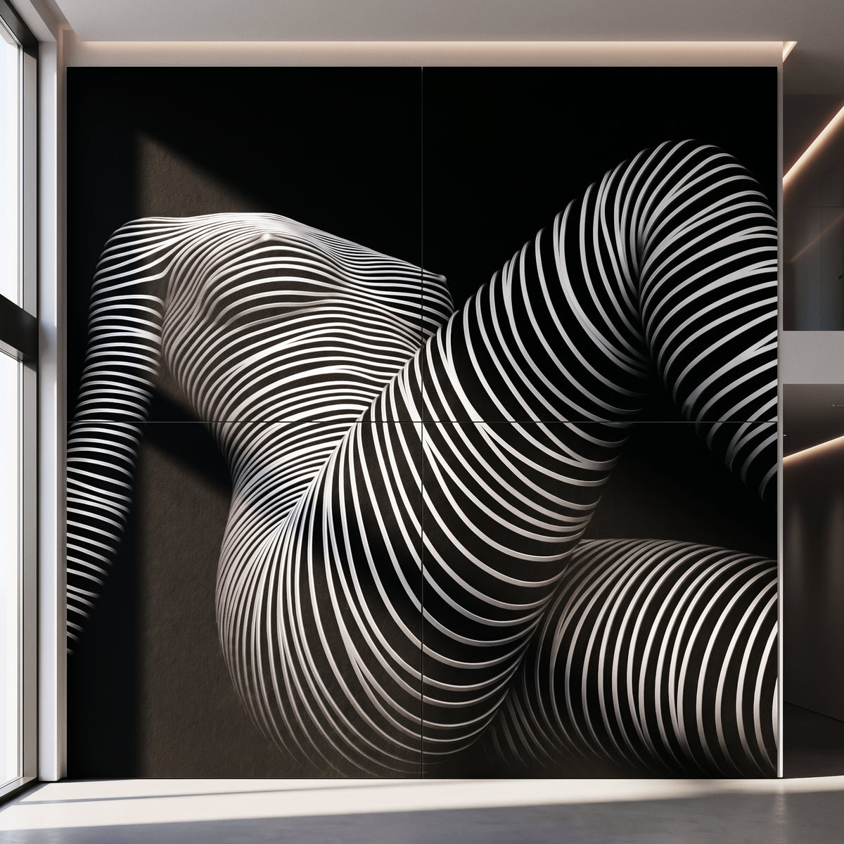 A massive 80x80 inch black and white abstract multi-print fine art piece featuring a curved, striped female form, displayed against a gallery-like wall with colored ambient lighting.
