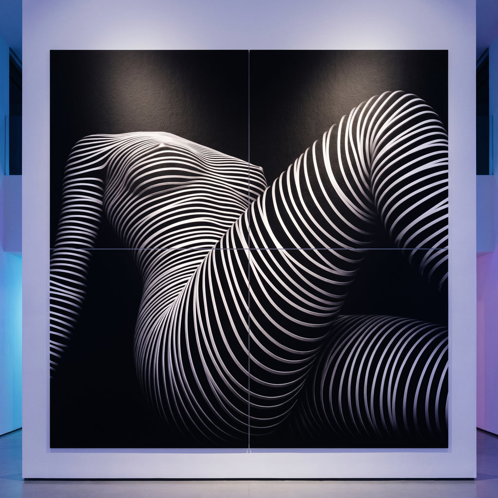A large 80x80 inch black and white abstract multi-print wall art piece featuring a curved, striped female form, displayed against a gallery-like wall with colored ambient lighting.