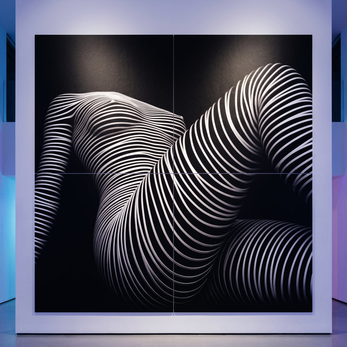 A large 80x80 inch black and white abstract multi-print wall art piece featuring a curved, striped female form, displayed against a gallery-like wall with colored ambient lighting.