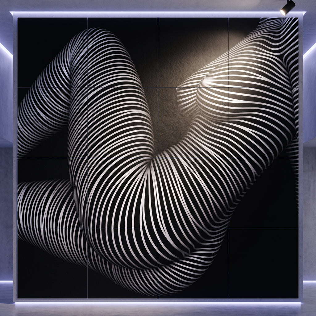 OLYMPIA, a large wall-mounted 160x160 inch artwork composed of sixteen square prints, featuring an abstract black-and-white striped curved female form against a solid black background. The piece is displayed in a gallery-like setting with visible wall lighting and a spotlight.