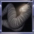 OLYMPIA, a large wall-mounted 160x160 inch artwork composed of sixteen square prints, featuring an abstract black-and-white striped curved female form against a solid black background. The piece is displayed in a gallery-like setting with visible wall lighting and a spotlight.