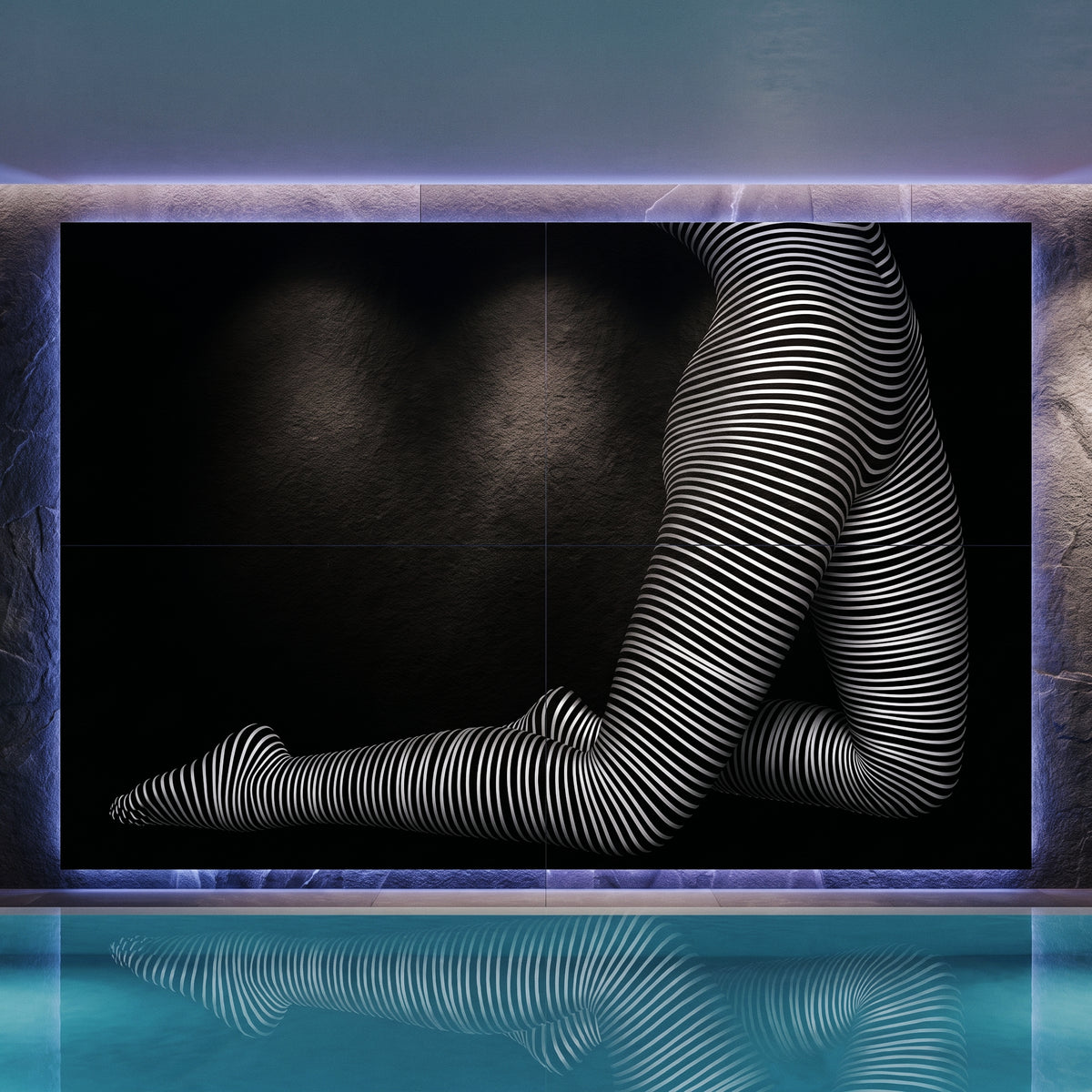 A large 120x80 inch fine art piece consisting of four 60x40 inch prints, showing an abstract black-and-white kneeling female composed of a wavy line composition, displayed in a modern luxury interior above an indoor pool with ambient lighting and reflections.