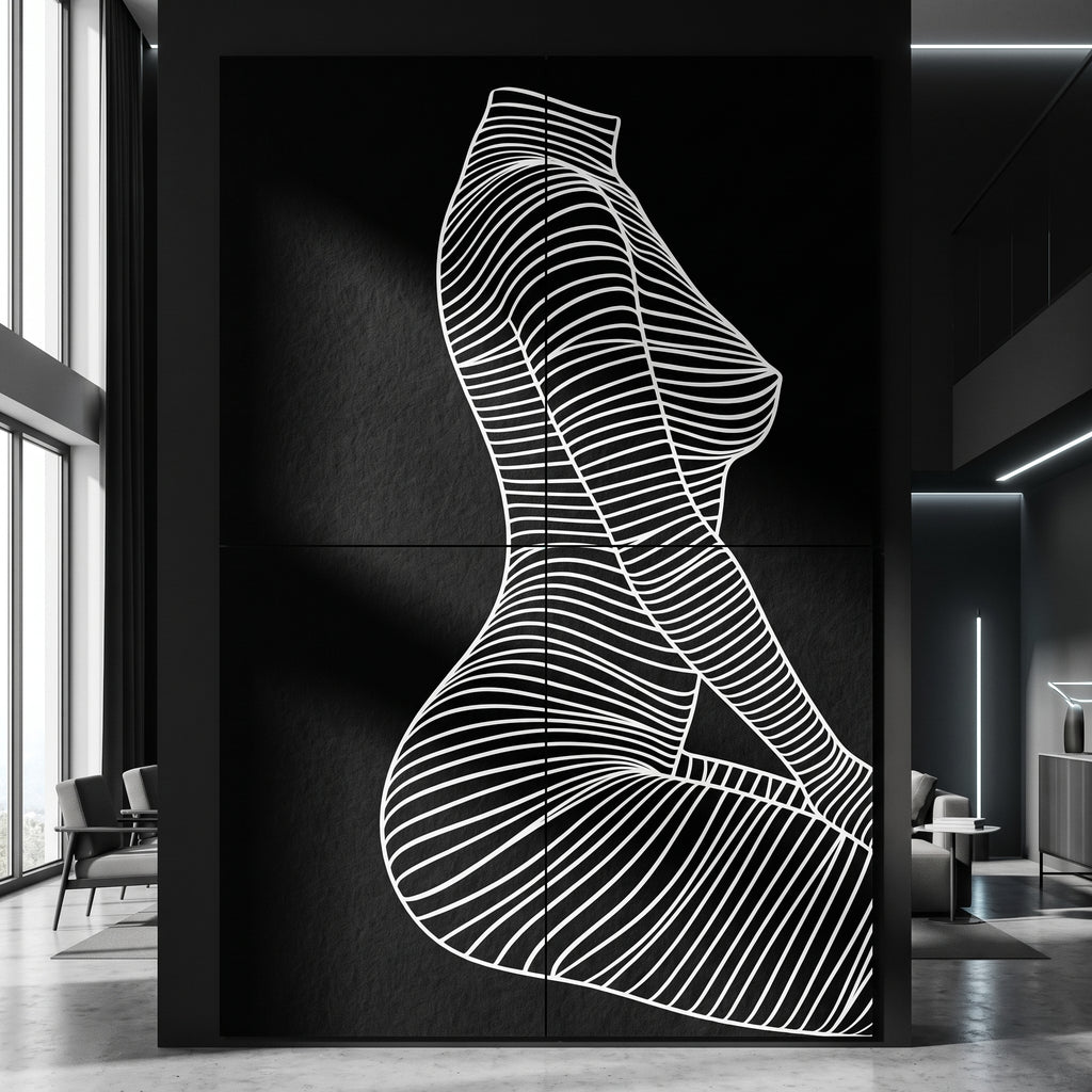 SILK, an 80x120 inch multi-print artwork featuring a black and white line-art silhouette of a seated female figure, displayed in a modern interior setting with windows and minimalist furniture.