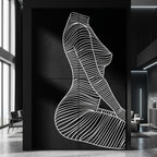 SILK, an 80x120 inch multi-print artwork featuring a black and white line-art silhouette of a seated female figure, displayed in a modern interior setting with windows and minimalist furniture.
