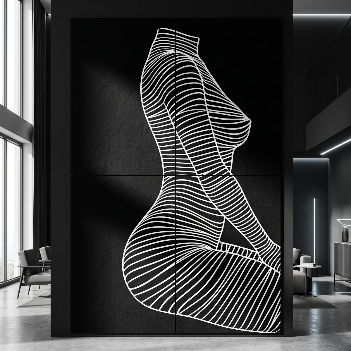 SILK, an 80x120 inch multi-print artwork featuring a black and white line-art silhouette of a seated female figure, displayed in a modern interior setting with windows and minimalist furniture.