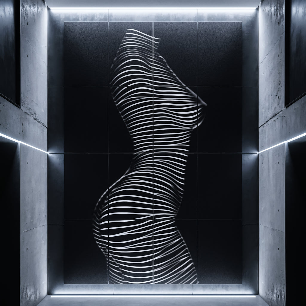 Abstract 16 print wall art featuring a black square panel with a white wavy line pattern forming a stylized female torso silhouette, framed by illuminated concrete walls in a modern gallery setting.