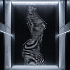 Abstract 16 print wall art featuring a black square panel with a white wavy line pattern forming a stylized female torso silhouette, framed by illuminated concrete walls in a modern gallery setting.