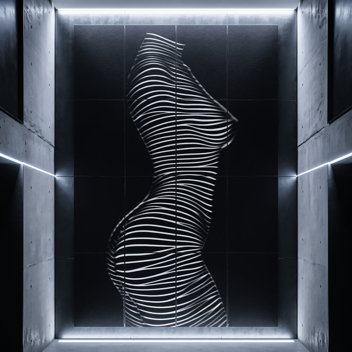 Abstract 16 print wall art featuring a black square panel with a white wavy line pattern forming a stylized female torso silhouette, framed by illuminated concrete walls in a modern gallery setting.