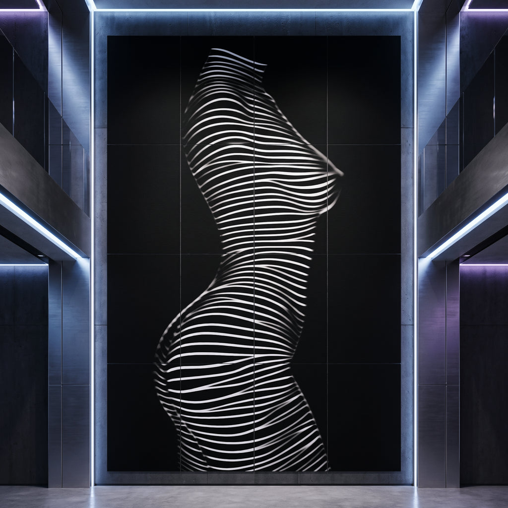 A modern wall art piece featuring a stylized female torso silhouette formed by horizontal white lines on a black background, framed by illuminated architectural channels in a dark interior.