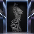 A modern wall art piece featuring a stylized female torso silhouette formed by horizontal white lines on a black background, framed by illuminated architectural channels in a dark interior.