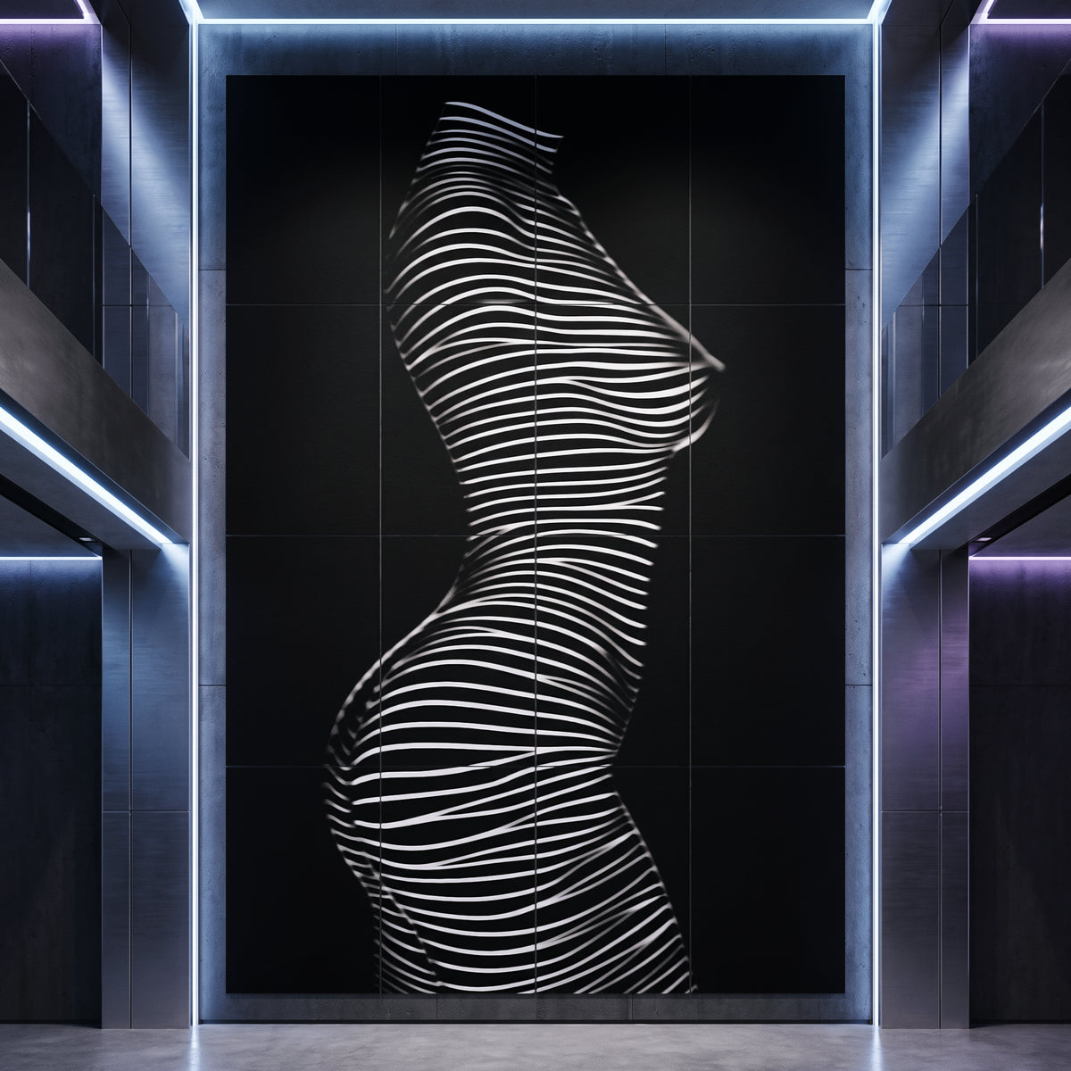 A modern wall art piece featuring a stylized female torso silhouette formed by horizontal white lines on a black background, framed by illuminated architectural channels in a dark interior.