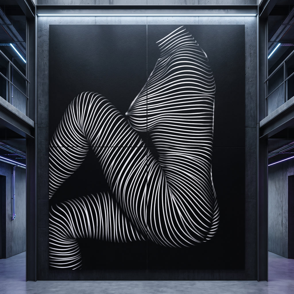 A large 96x120 inch wall-mounted multi-print artwork in a dark industrial interior, featuring a stylized human female figure formed by dense white curved stripes on a black background.