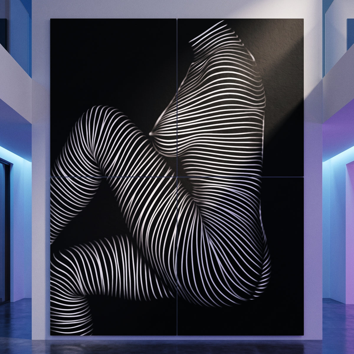 A 96x120" inch multi-print wall art piece displayed in a modern interior hallway, featuring an abstract stylized human female figure made of white curved lines on a black background.