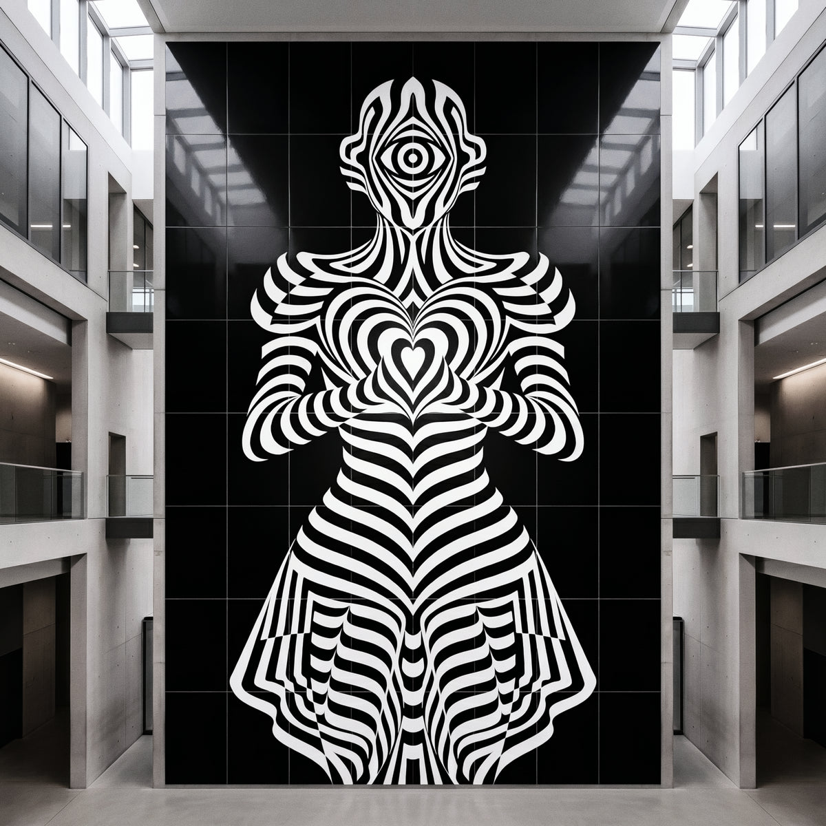 A 64 print mural featuring a white op-art figure with an eye on the head and bold striped patterns, displayed in a modern multi-level building interior.