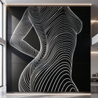 TEMPO, a massive 120x120 inch nine-print artwork featuring a minimalist black and white female figure.