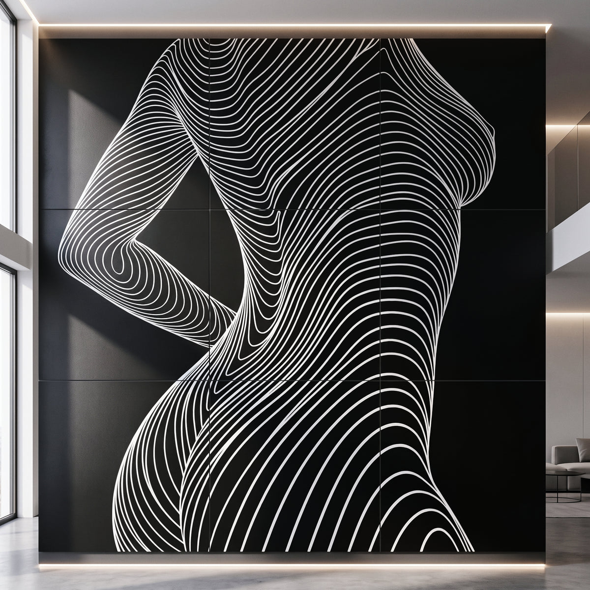 TEMPO, a massive 120x120 inch nine-print artwork featuring a minimalist black and white female figure.