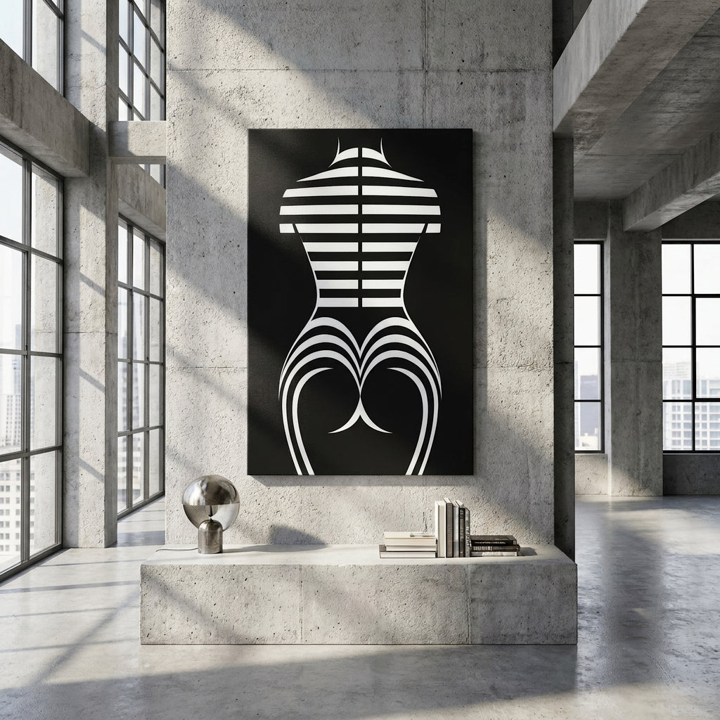 UNDERSCORE | Minimalist Female Figure Op Art Print | Black and White Modern Abstract Wall Art