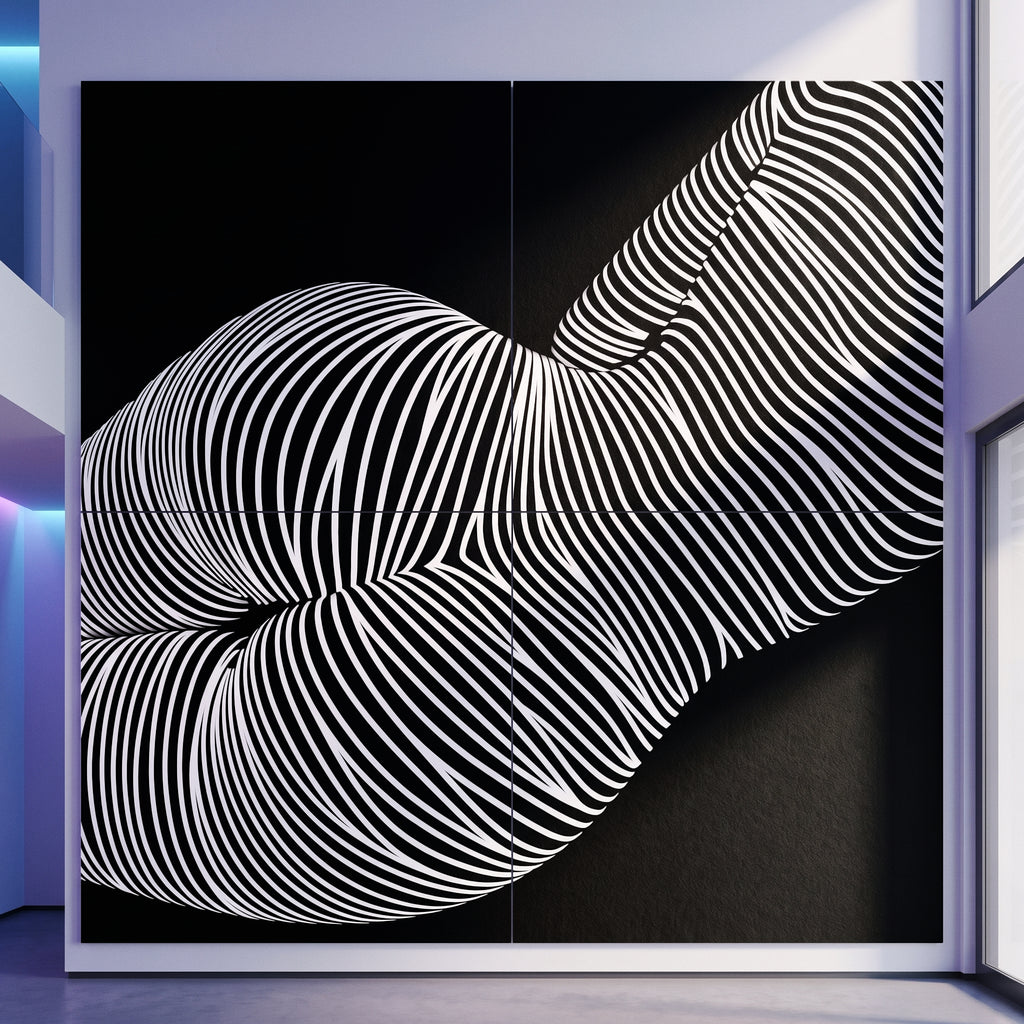A large 80x80 inch fine art piece composed of four 40x40 inch prints, showing an abstract black-and-white female form in wavy lines, displayed in a modern interior setting with visible architecture and lighting.