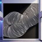 A large 80x80 inch fine art piece composed of four 40x40 inch prints, showing an abstract black-and-white female form in wavy lines, displayed in a modern interior setting with visible architecture and lighting.