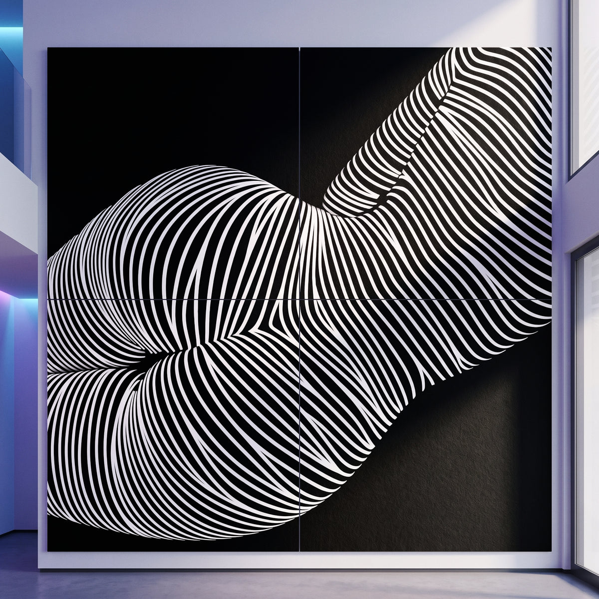 A large 80x80 inch fine art piece composed of four 40x40 inch prints, showing an abstract black-and-white female form in wavy lines, displayed in a modern interior setting with visible architecture and lighting.