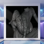 A large 80x80 inch multi-print wall art piece featuring a black-and-white abstract composition of a seated female figure made of curved striped lines on a black background, displayed in a modern interior indoor pool setting with architectural neon lighting.