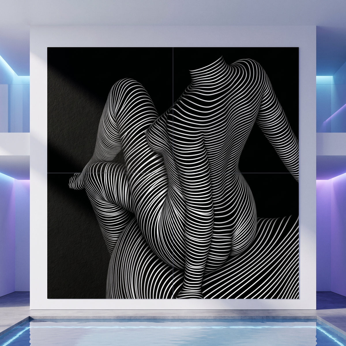 A large 80x80 inch multi-print wall art piece featuring a black-and-white abstract composition of a seated female figure made of curved striped lines on a black background, displayed in a modern interior indoor pool setting with architectural neon lighting.