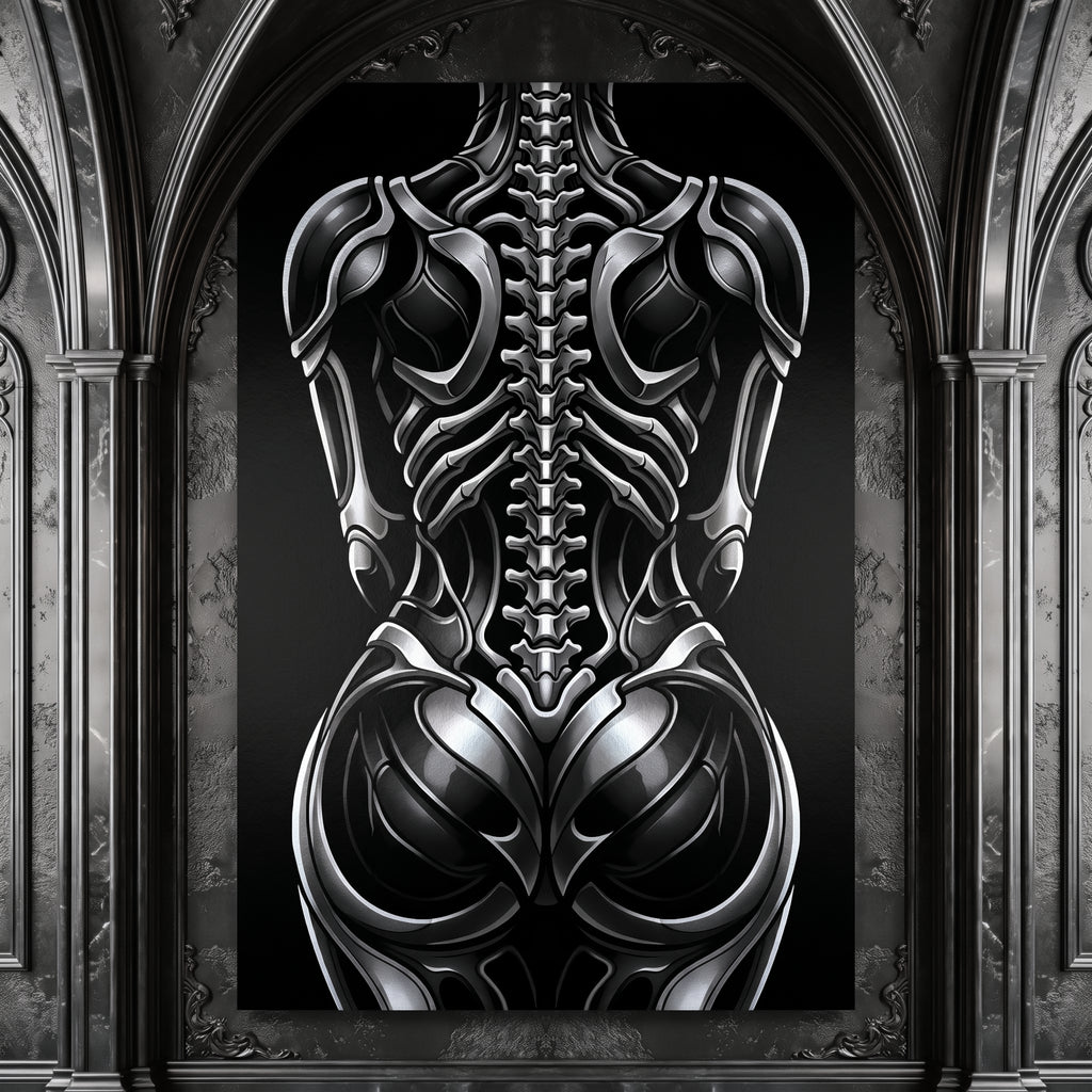 XENIA | Metallic Alien Female Cybernetic Body Wall Art | Luxury Gothic Op Art Print
