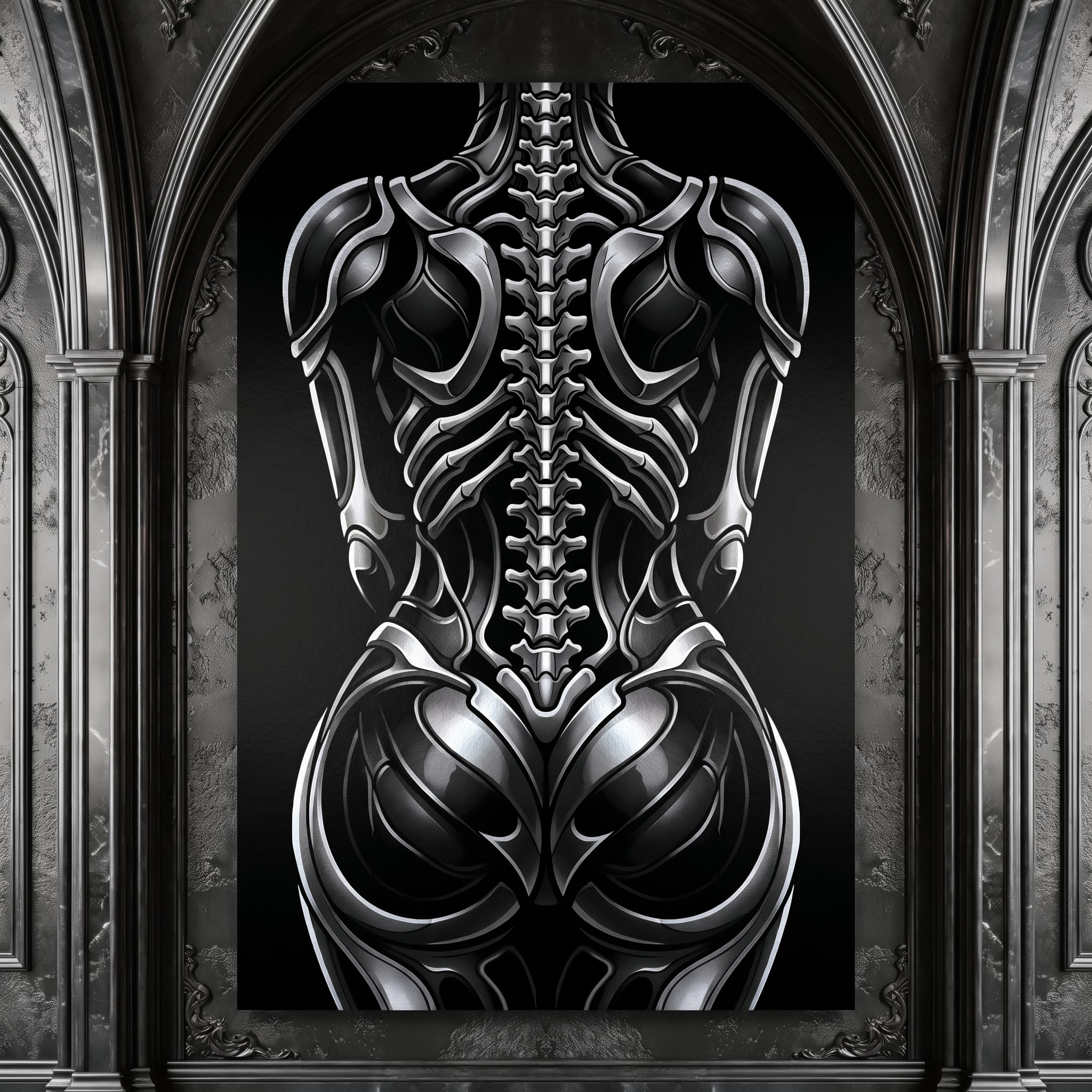 XENIA | Metallic Alien Female Cybernetic Body Wall Art | Luxury Gothic Op Art Print