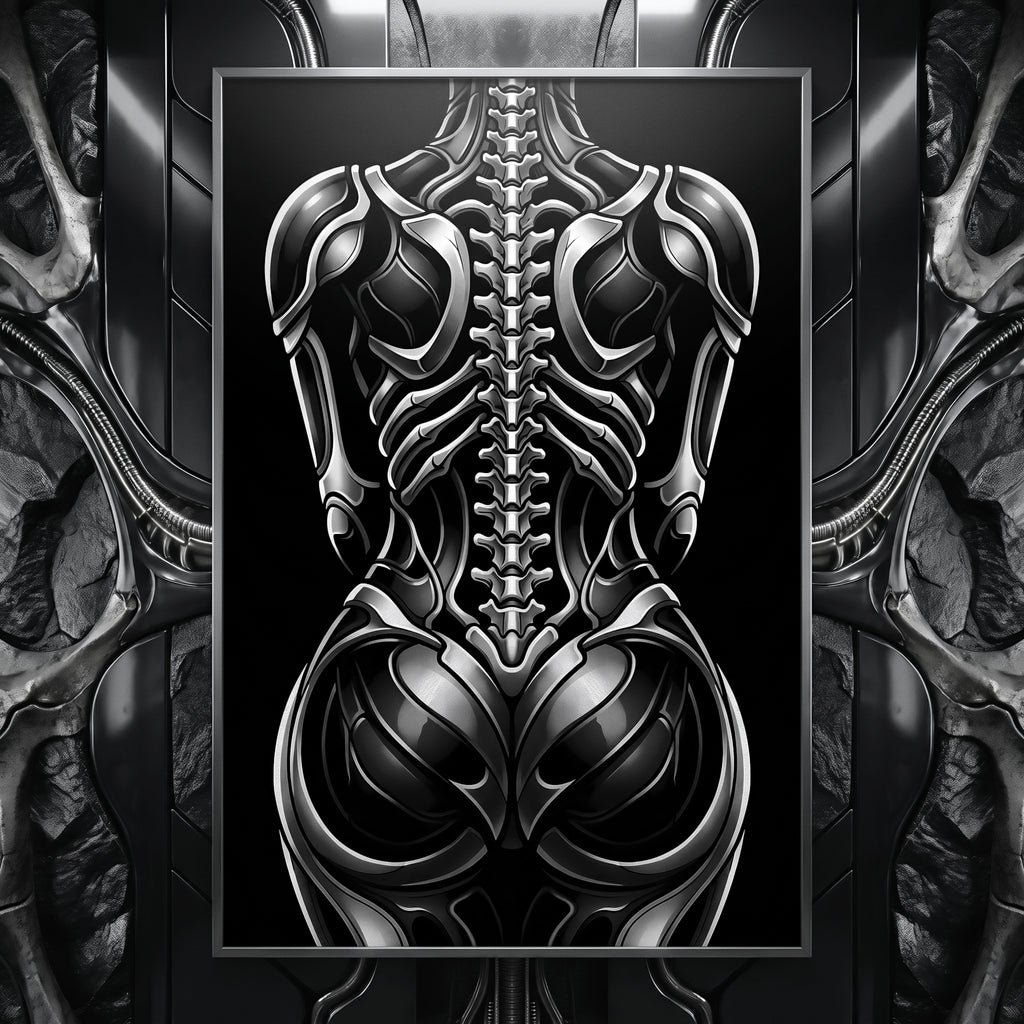 XENIA | Metallic Alien Female Cybernetic Body Wall Art | Luxury Gothic Op Art Print